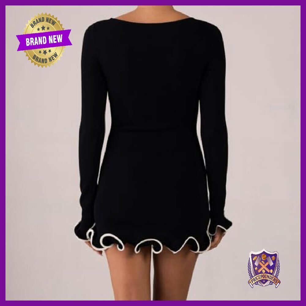 Long Sleeve Ruffle Hem Knit Mini Dress Bodycon Fall Winter - Picture 6 of 8